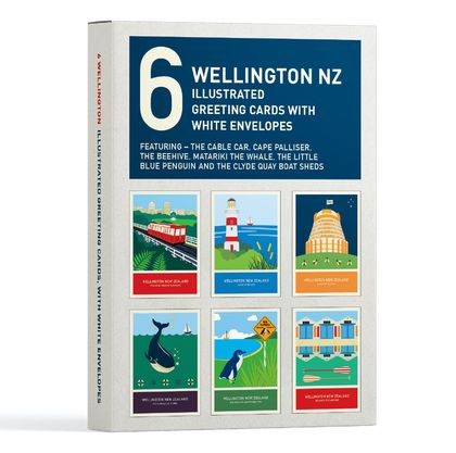 6 card gift pack of A6 greeting cards with white envelopes – Wellington New Zealand series illustration. 